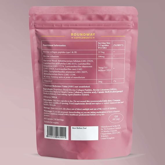 Collagen Colostrum Capsules, 100% Freeze-Dried Bovine Colostrum with High Levels of Immunoglobulin G (IgG), Unflavoured, GMO-Free, Hormone-Free, 30 Days Supply | Made in The UK by Roundway Supplements