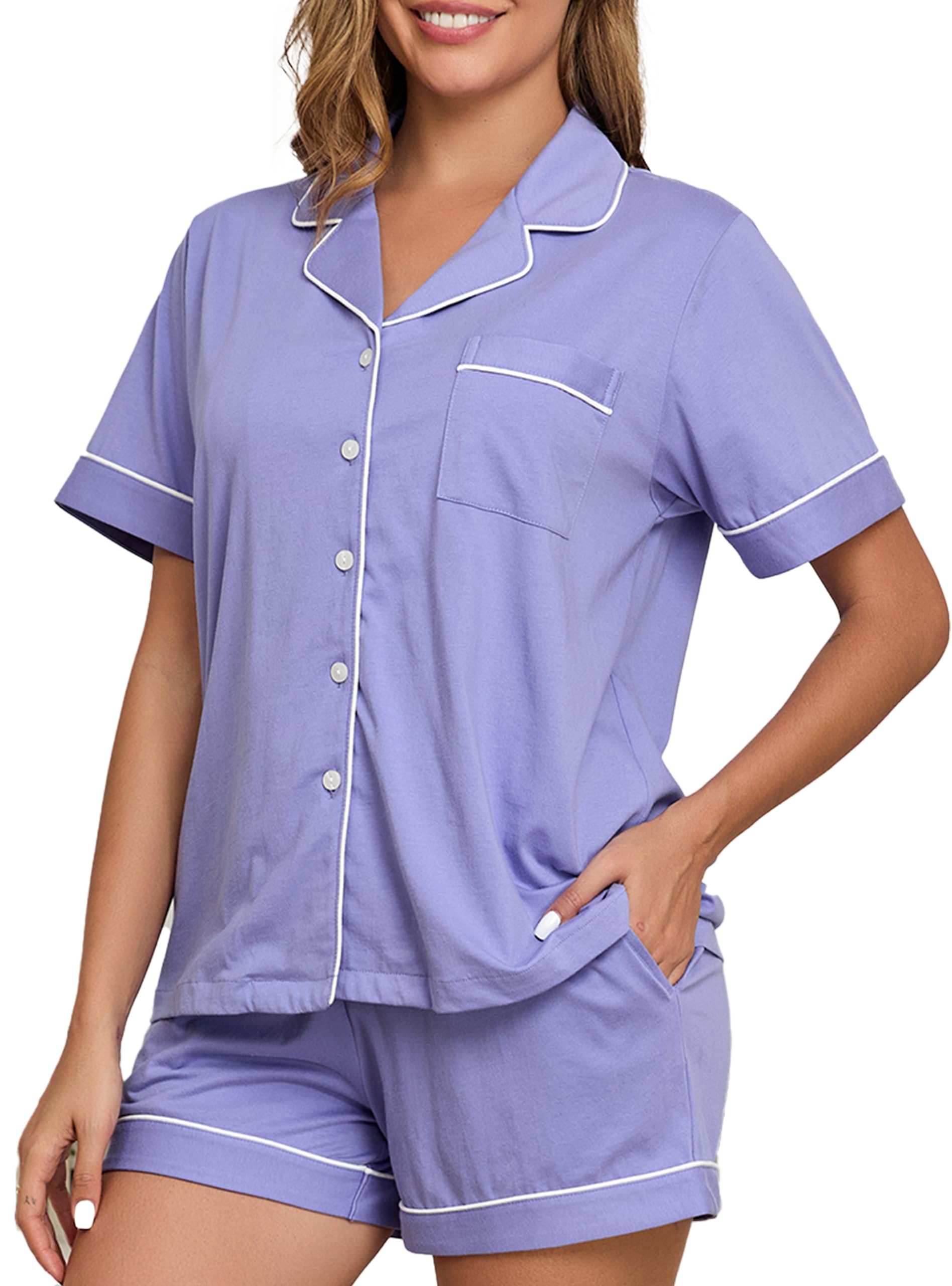EA'S SECRET 100% Baumwolle Damen Pyjama Sommer V-Ausschnitt Button Schlafanzug Damen Kurz 2-teiliges mit Taschen S-XXL