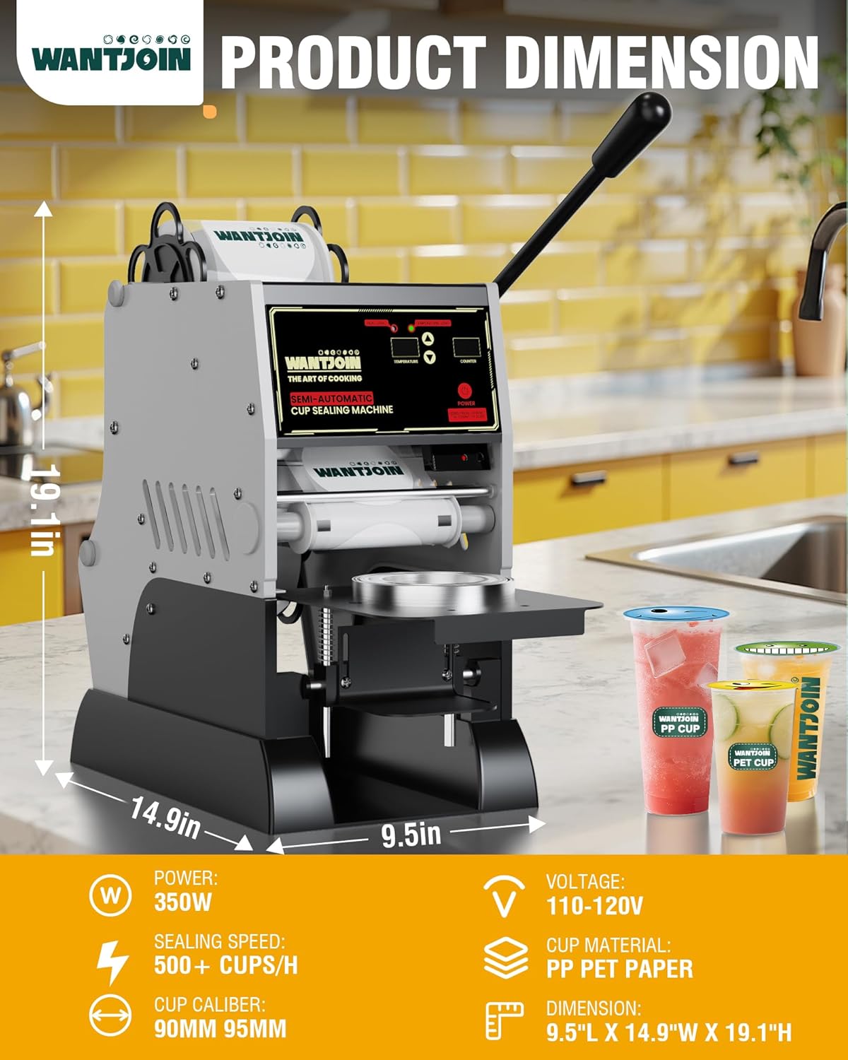 WantJoin Semi Automatic Cup Sealing Machine - 2S Sealing Auto Film Alignment Commercial Cup Sealer Machine 90/95mm LED Panel Temperature Control, Electric Cup Sealing Machine For PP PET Paper Cup