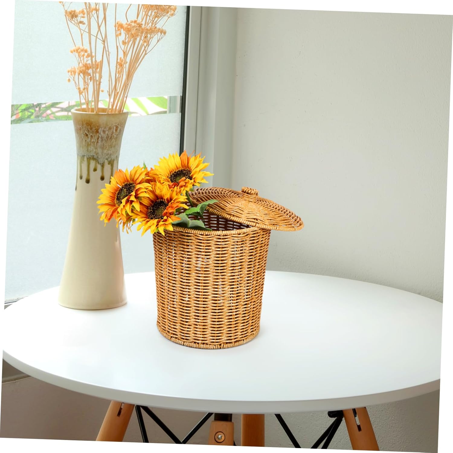 Portable Rattan Laundry Basket with Lid Sundries Storage Bin for Bedroom Bathroom Clothes Organization