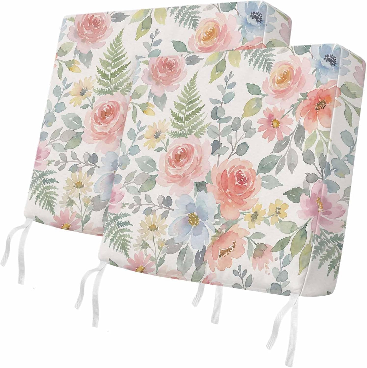 Outdoor Waterproof Cushion Covers Watercolor Spring Flowers Replacement Seat Slipcover for Patio,Blue Red Country Floral Art Chair Couch Sofa Covers Furniture Protector Set of 2,20x18IN
