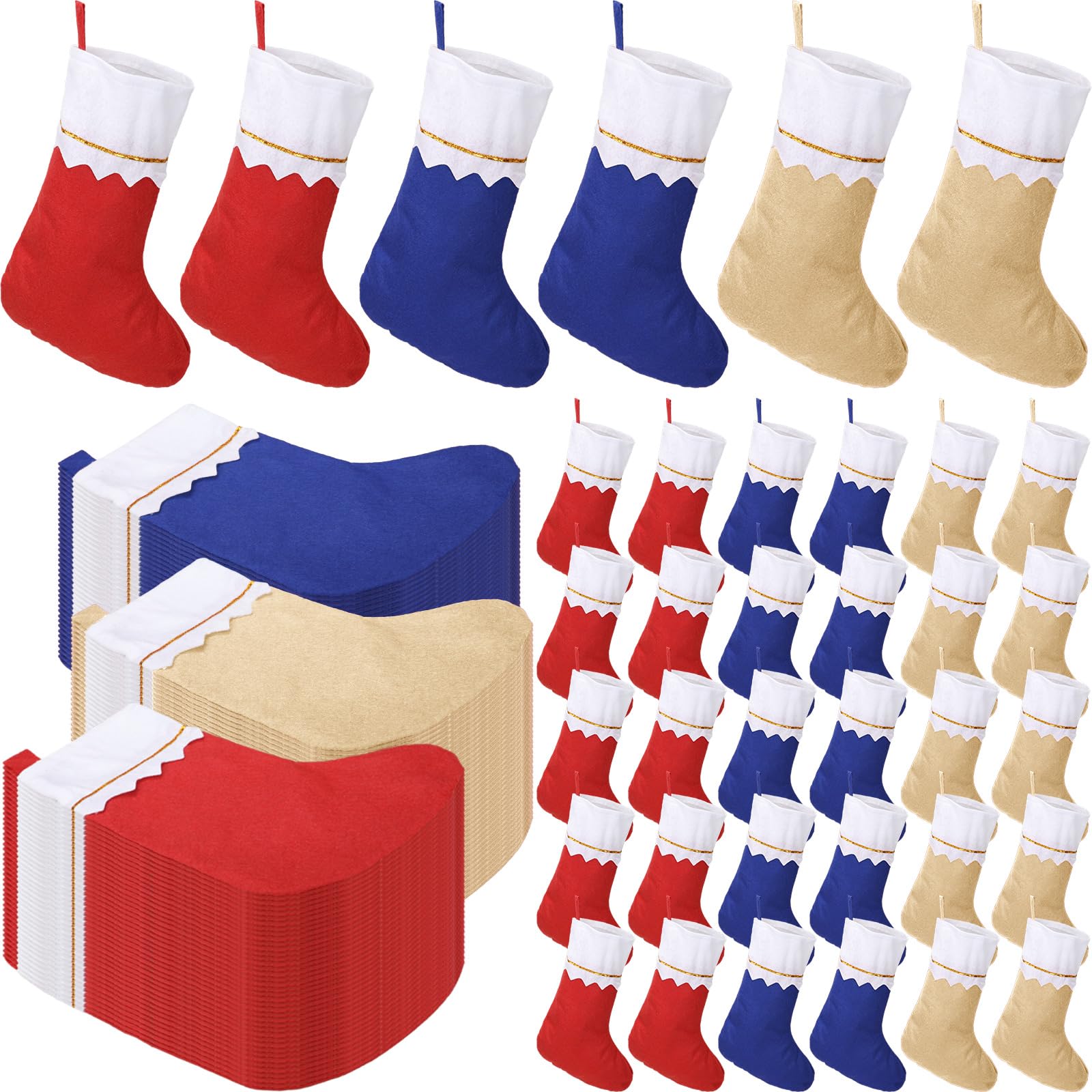 Photo 1 of 150 Pcs Felt Christmas Stockings 14"  Santa Socks with Gold Trim for Christmas Holiday Decorations (Red, White, Blue and Khaki)