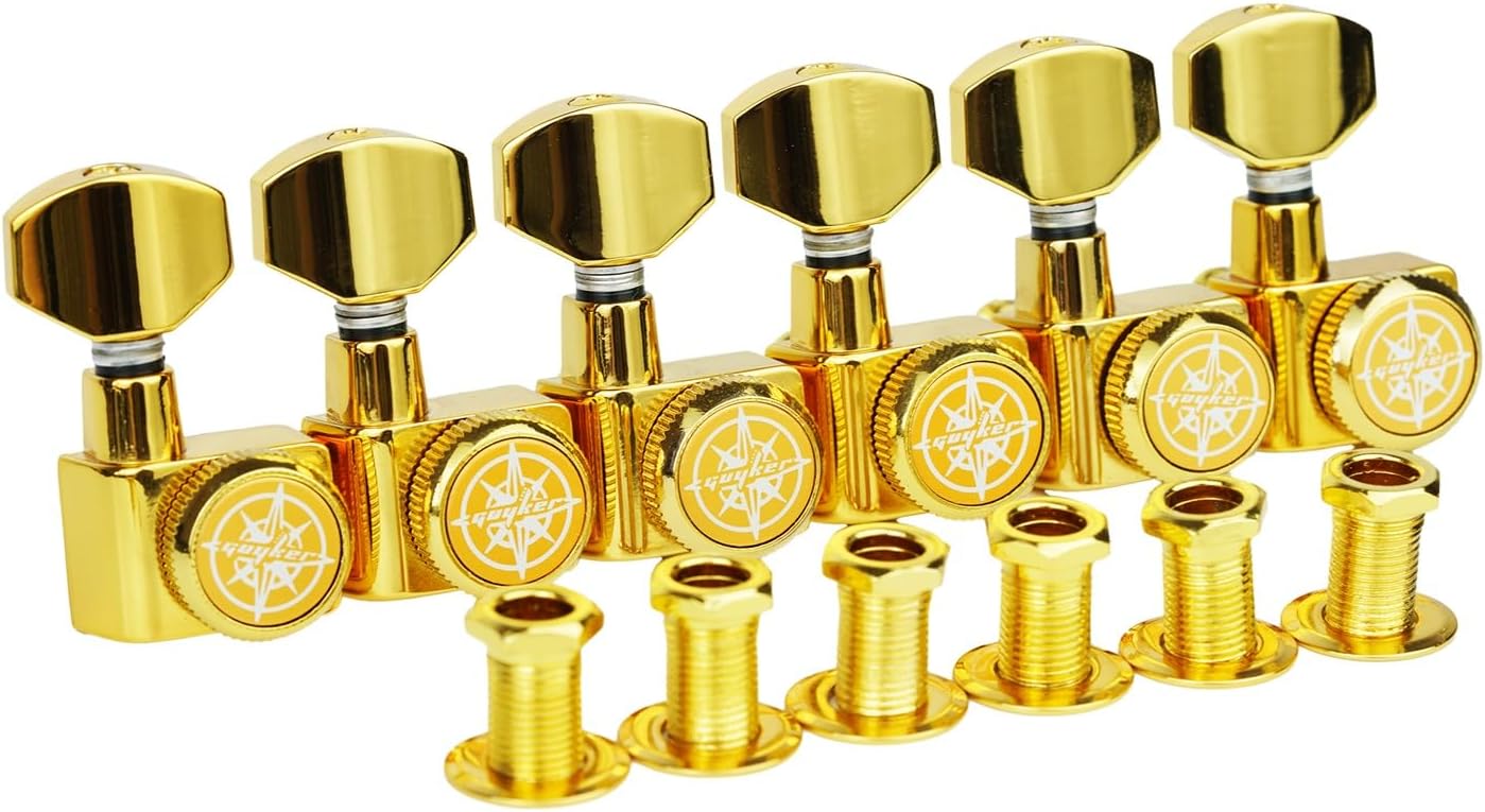 Guyker 6 In-line Guitar Locking Tuners – 1:18 Lock String Tuning Key Pegs Machine Heads for Folk Classical Acoustic Electric Guitar - GK434, Gold