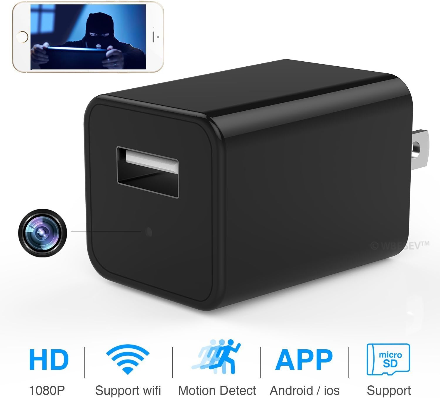 1080P Wi-Fi USB Charger Camera, TOTUOKEY Remote View Mini Camera Motion Detection Wireless IP Security Home Security Nanny Cam Plug Security Cam Android iOS Free App