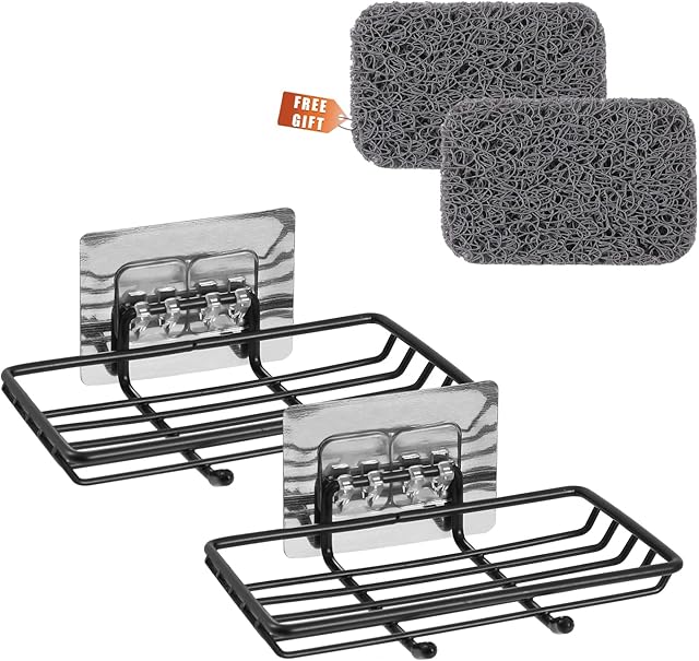 2 Pack Soap Dishes and 2Pcs Soap Saver, Stainless Steel and Self Adhesive Sink Bar Soap Holder with Hook for Shower Bathroom Kitchen (Black