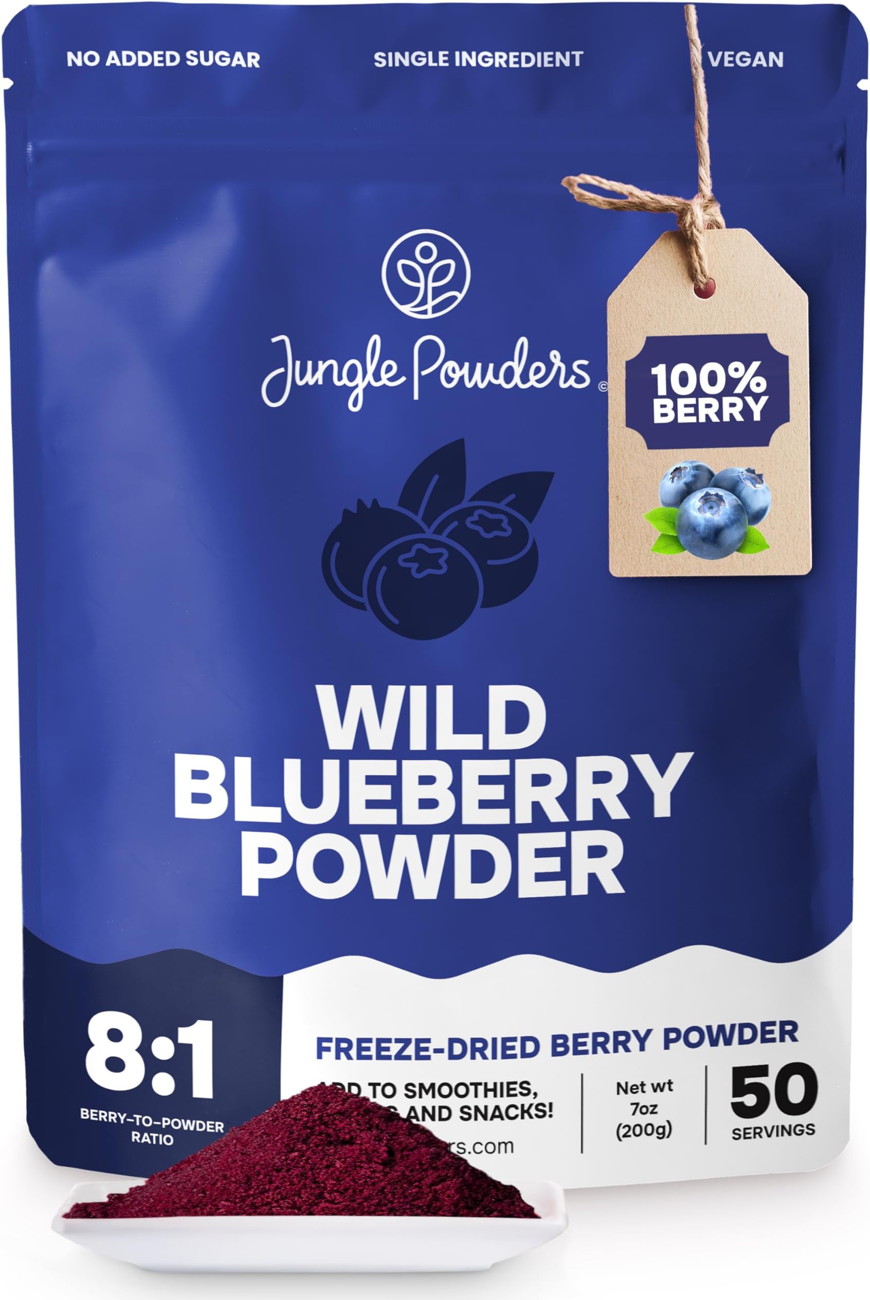 Jungle Powders Wild Blueberry Powder 7 Ounce Bag, Nordic Freeze Dried Blueberries No Sugar Added for Smoothie, Additive and Filler Free Bilberry Fruit Superfood Powder for Baking Flavoring Cooking