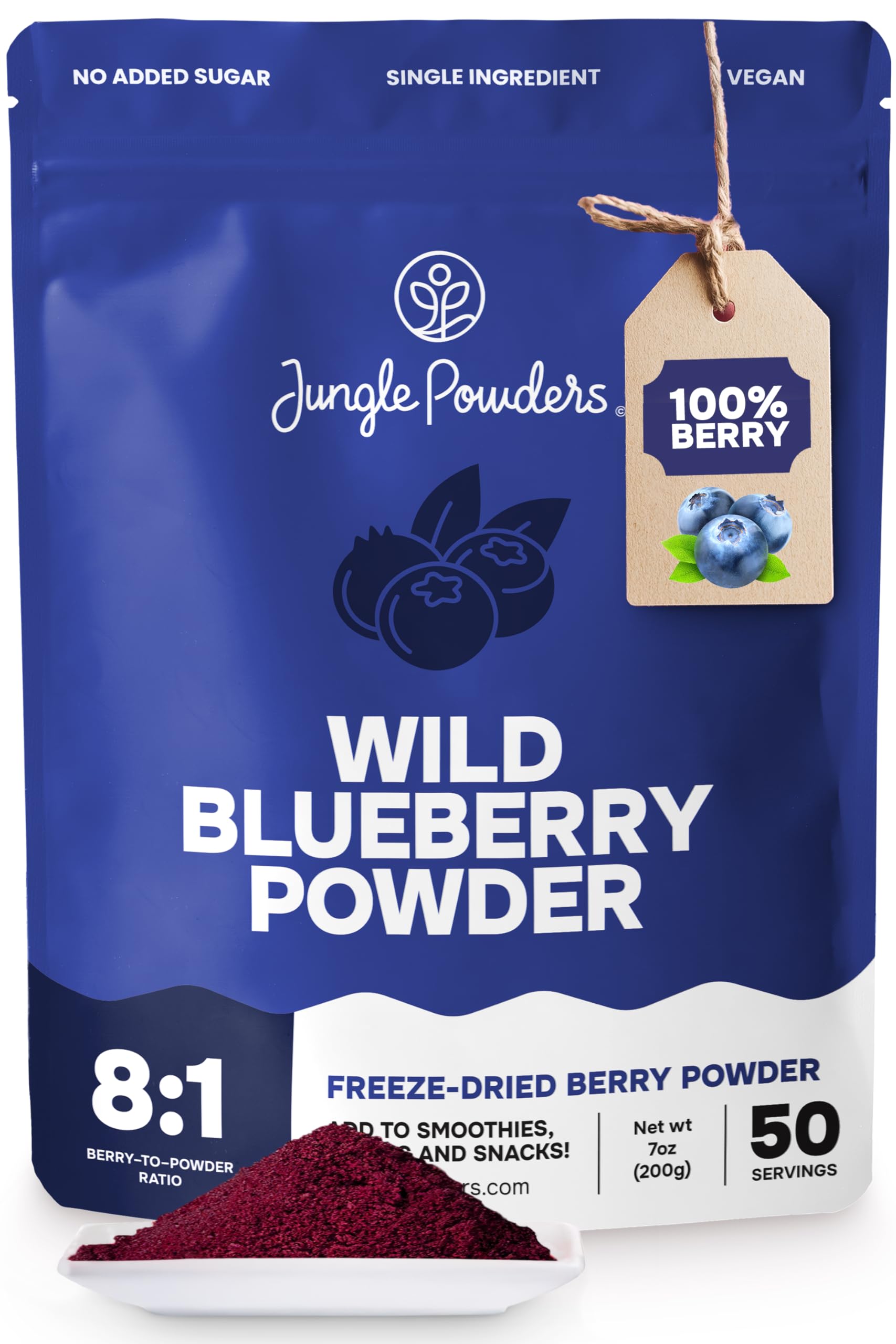 Jungle Powders Wild Blueberry Powder 7 Ounce Bag, Nordic Freeze Dried Blueberries No Sugar Added for Smoothie, Additive and Filler Free Bilberry Fruit Superfood Powder for Baking Flavoring Cooking