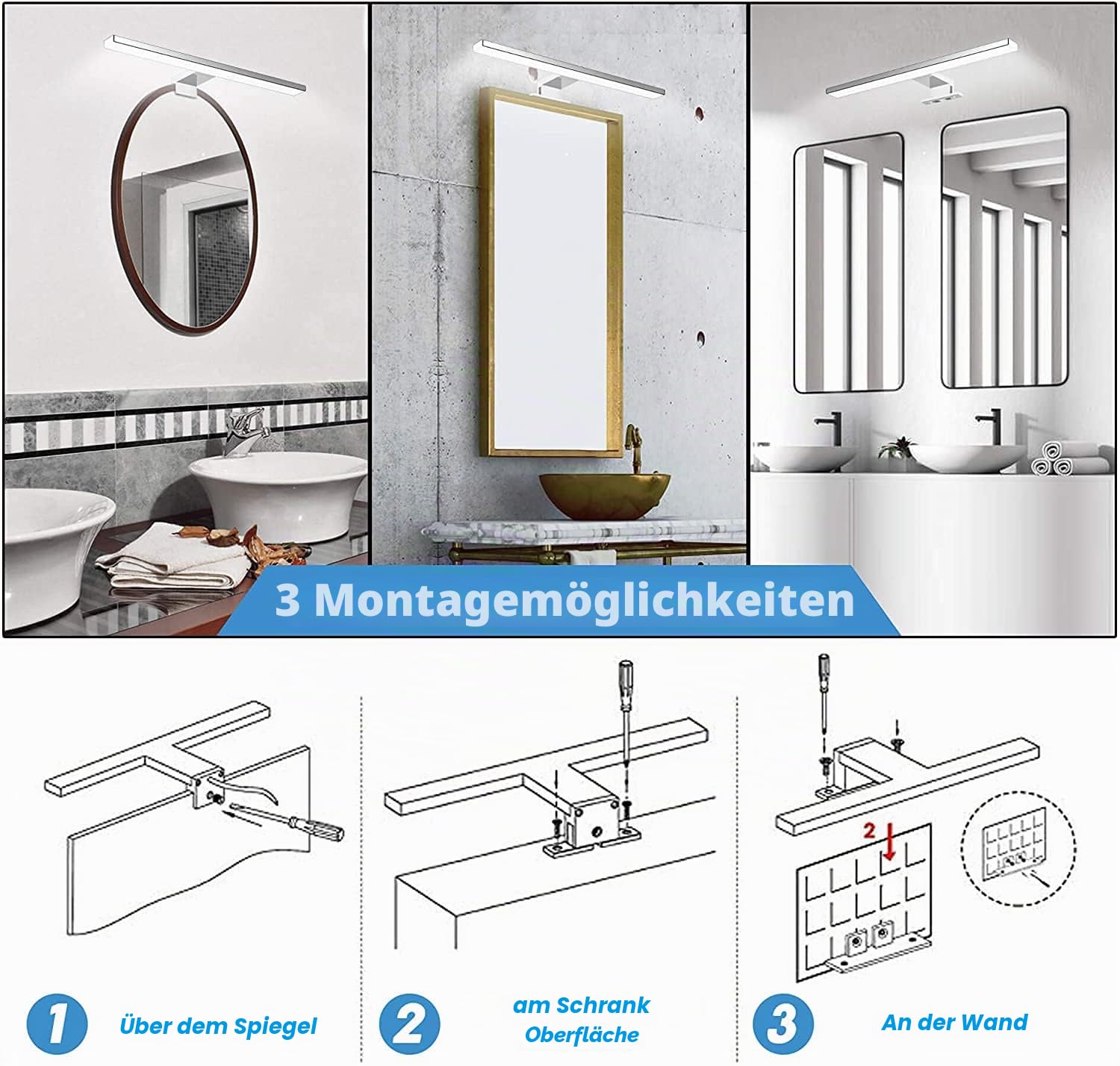 LED Spiegelleuchte Badezimmer 10W 820LM 40cm Neutralweiß 4000K,3in1 Montage 230V Wandleuchte Spiegellampe 400mm,Kein Flimmern Badezimmerschrank Spiegelleuchten