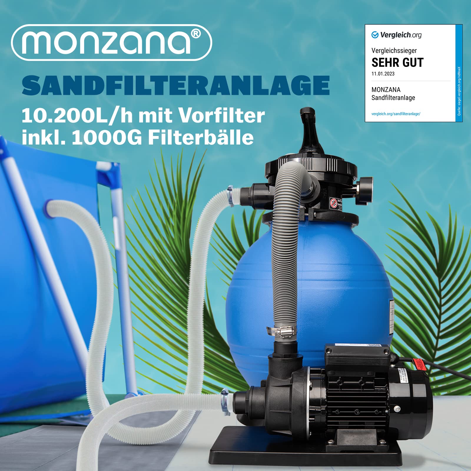 MONZANA® Filtro Acqua per Piscina SF102K 10.200 L/h Fino a 35.000L Palline Filtranti 1000gr Incl. Valvola a 7 Vie Adattatore 2in1 Ø32-38mm Pompa di Filtraggio 450W Filtri Piscine Pompe Filtranti