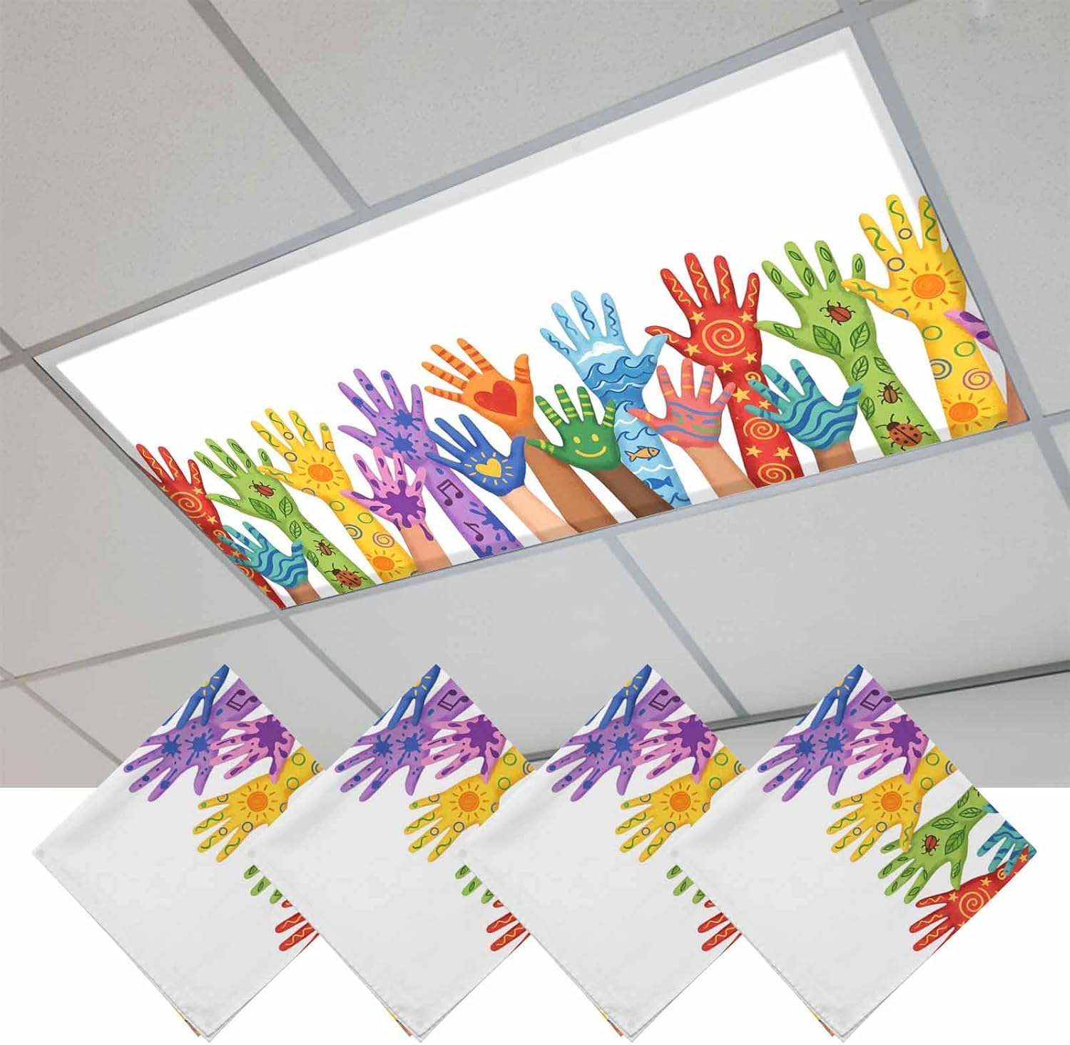 Colorful Hands Print Fluorescent Light Covers for Ceiling Lights 4x2 feet,4 Pack Magnetic Light Filters for Classroom,Cartoon Cute Funny White Fluorescent Lamp Shade Panel for Office School Drop Home