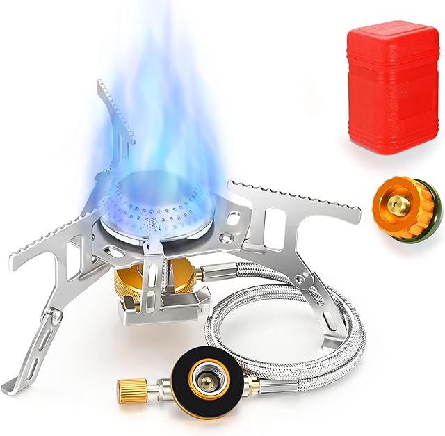 Awroutdoor Camping Gas Stove, 3500W Backpacking Stove with Adapter Converter and Piezo Ignition, Outdoor Portable Stove Cooking for Picnic Trekking with Carrying Case
