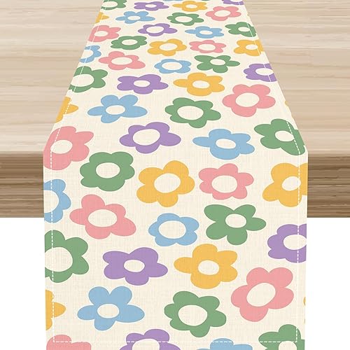 Miniatura 13 de Camino de mesa de los años 70, rústico azul ondulado, cuadrícula floral, moderno, retro, bohemio, hippie de los años 60, decoración abstracta de la