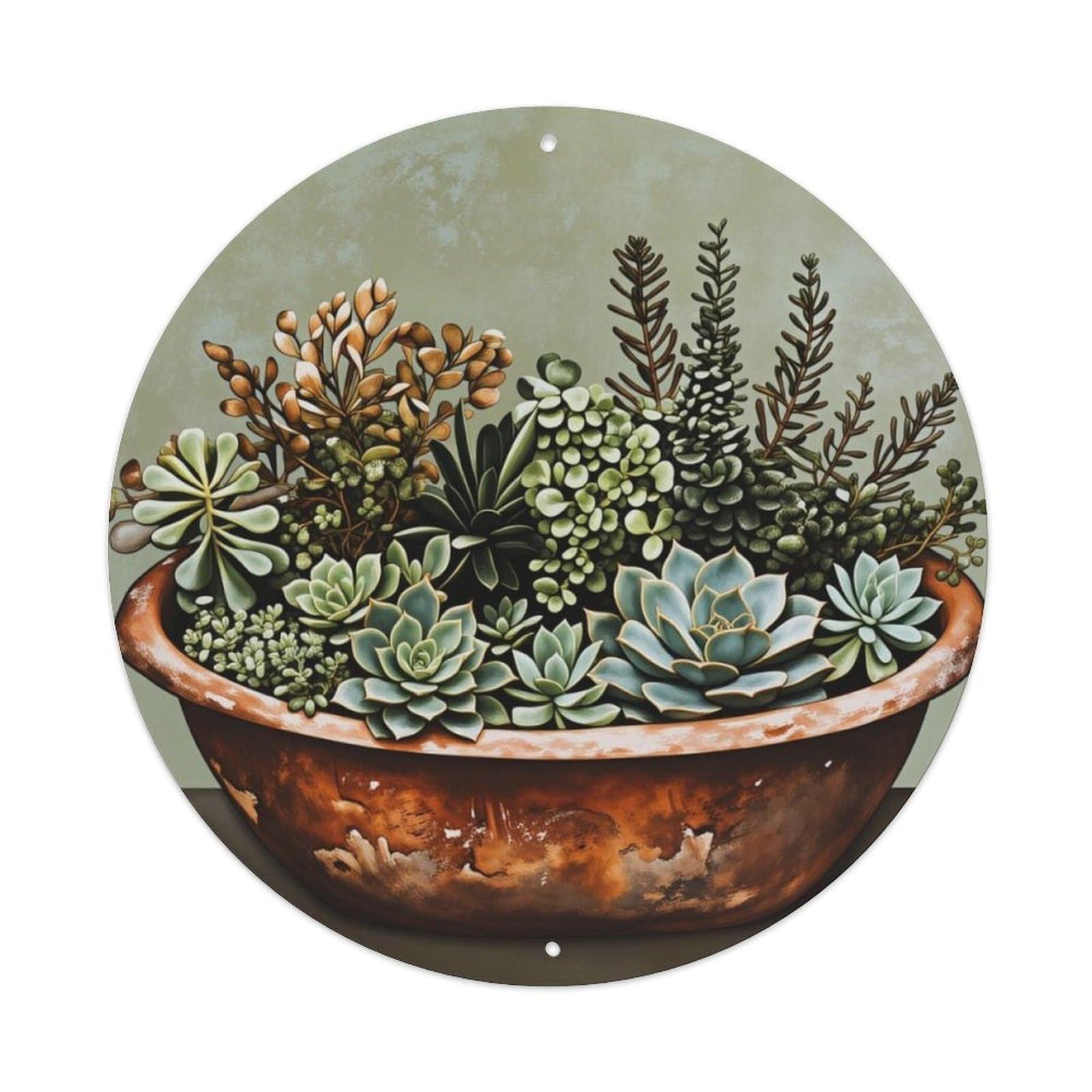 Vintage Terracotta Pot Succulent Farmhouse Round Sign Vintage Aluminium Metal Sign, Retro Wall Decor for Home, Bar, Garage & Farmhouse 20x20cm