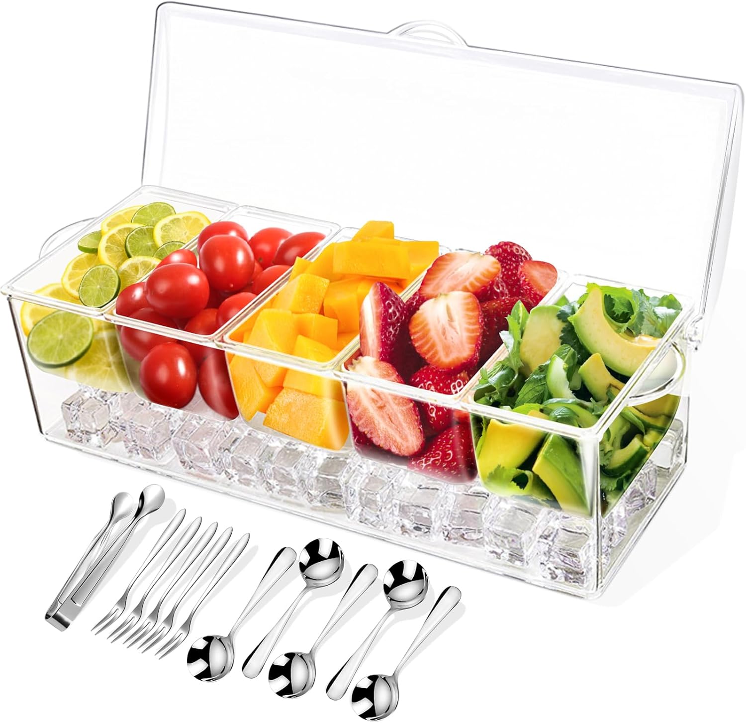Condiment Tray with Stainless Steel 5 Spoons, 5 Forks and 1 Clip, Chilled Condiment Server, Condiment Server, Bar Garnish Holder on Ice, Bar Accessories Fruit and Salad with Removable Trays and Lid
