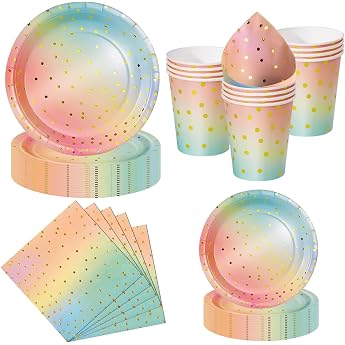 Nkaiso Pack of 50 Rainbow Party Tableware for Children's Birthday Parties for 10 Gu