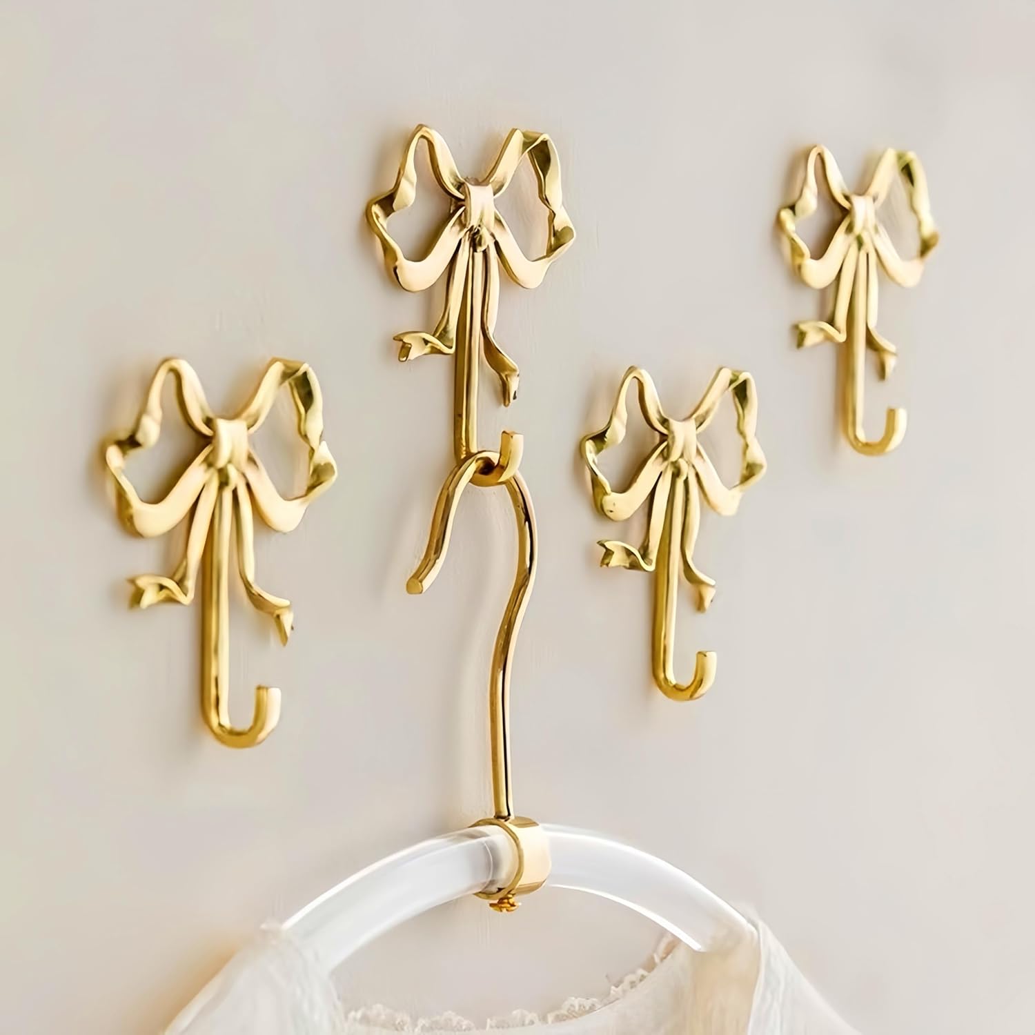 TIMCHESS 3.75 x 3.94 Inches Gold Bow Hooks for Wall, Brass Door Hanger, Decorative Towel and Coat Hooks, Wall Decor for Bathroom Kitchen Living Room
