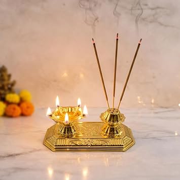 Putrika Brass Incense Stick Holder | Stand | Burner | Agarbatti | Batti Stand | Plate | Dhup | Dhoop Diya Best for Puja | Pooja Mandir Home & Office Decoration [13x7x4cm, 60gm] 5 Deep with Agarbatti