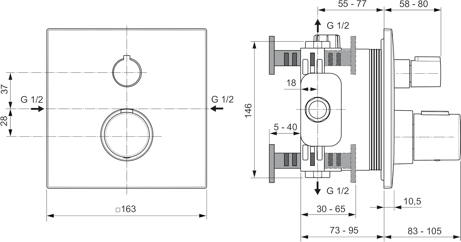 Technical drawing with dimensions for Ideal Standard Ceratherm C100 mixer
