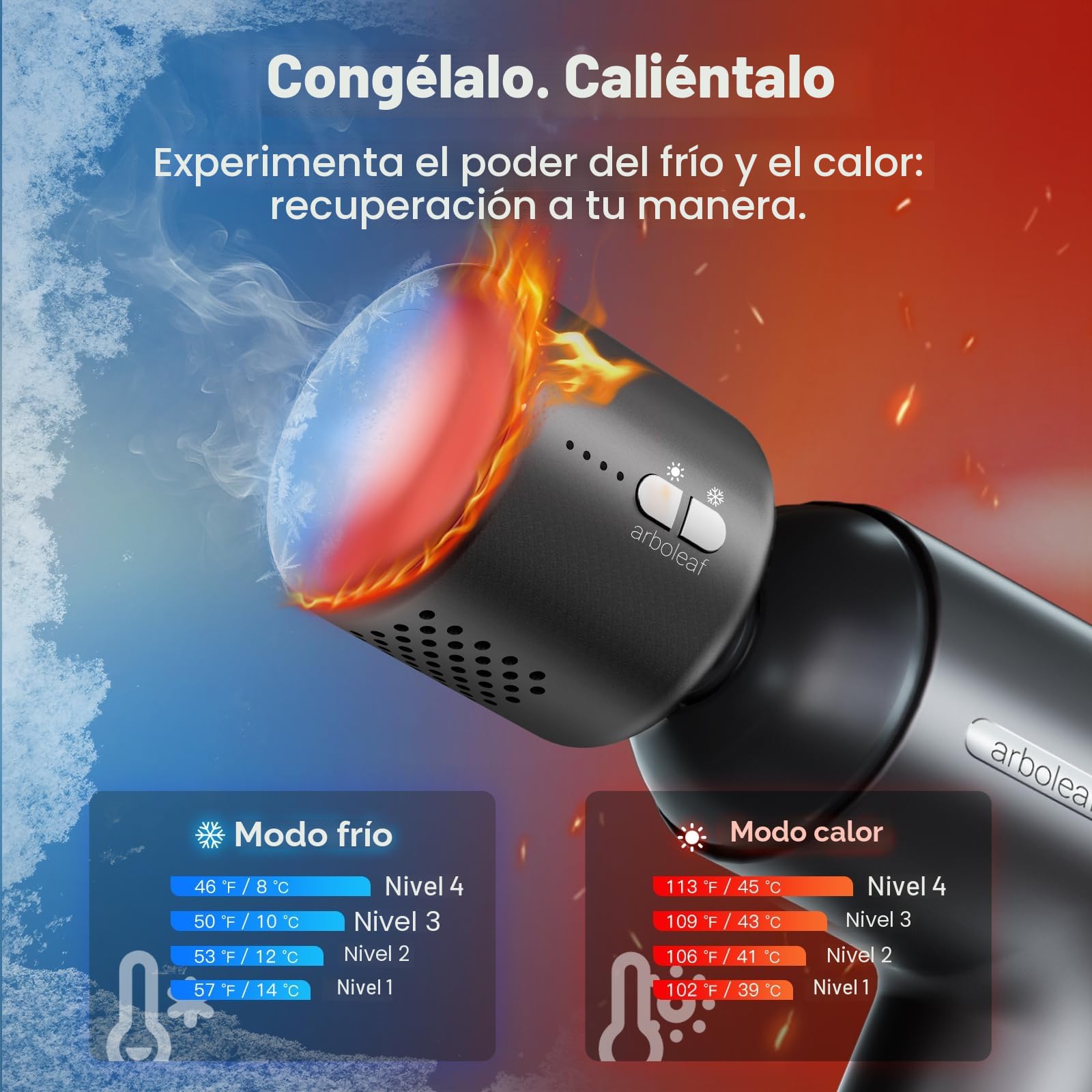 arboleaf Pistola de Masaje Muscular Calor y Frío, Massage Gun Profesional 6 Velocidades, 5 Cabezales
