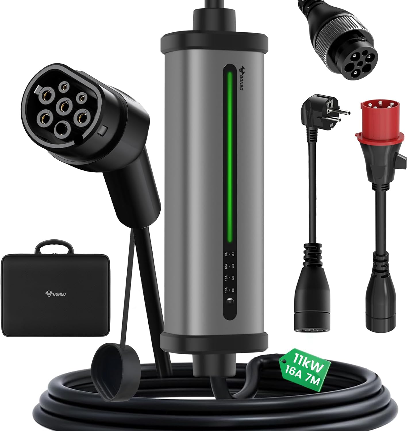 GONEO Mobile Wallbox/Charging Station 11 kW Charging Cable CEE 16 A to Type 2 [7 M|3 Phases | 8-16A Adjustable] with Timer 2-8H EV Charger for Model Y/3 ID.3 and Other EV, Includes Plug