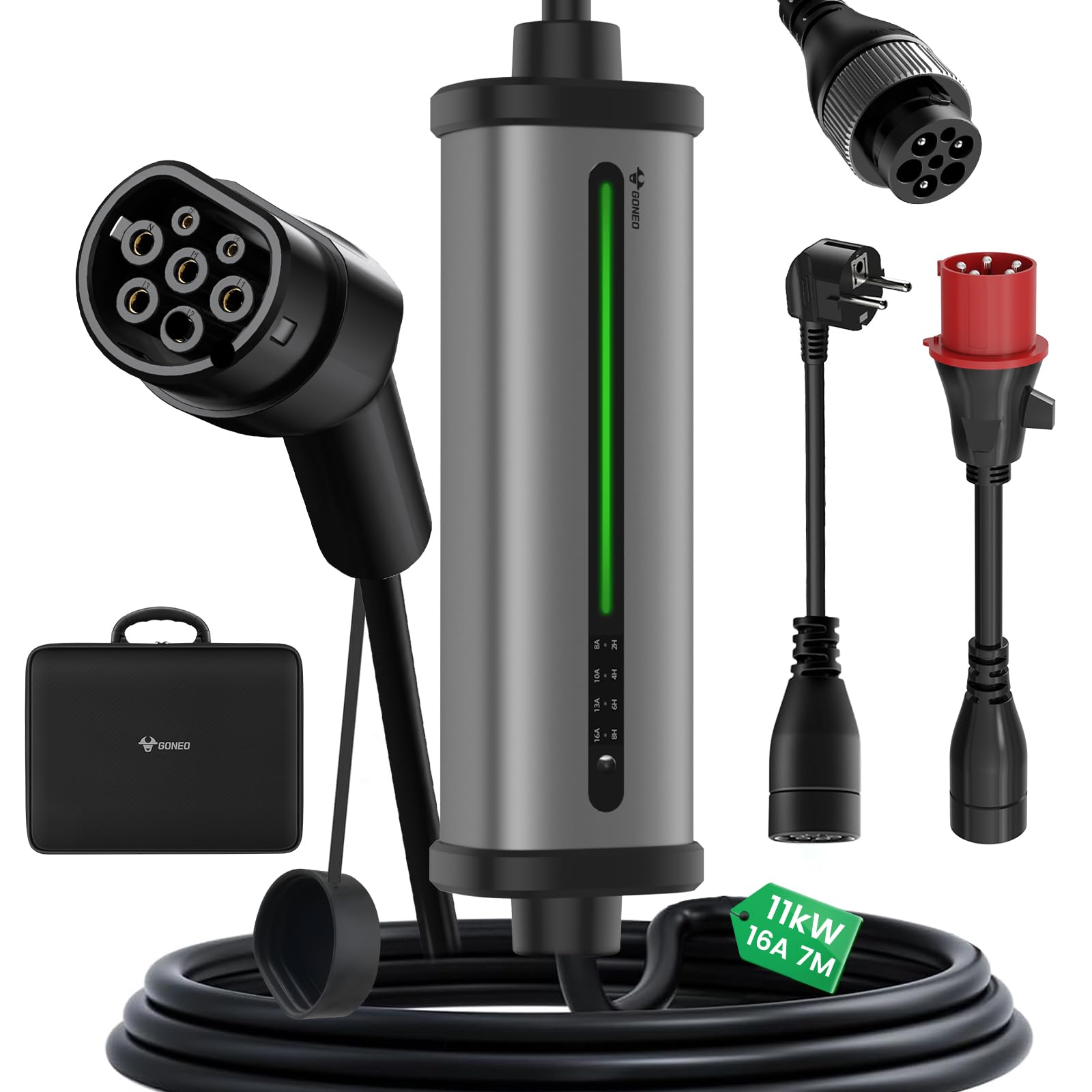GONEO Estación de Carga para vehículos eléctricos 11kW 7m[8-16A, Trifásico] Wallbox con Enchufe (Schuko y CEE) Cargador Vehiculo Electrico con Corriente Ajustable y Carga Temporizada IP66 IEC 62196-2