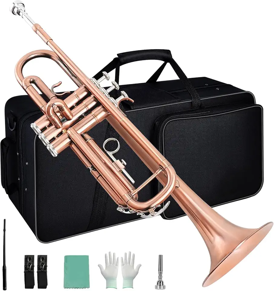 VEDO Kit para iniciantes de trompete em Si bemol, instrumento de sopro de metal para estudantes, estojo rígido, ferramentas de limpeza, bocal 7C e luvas. (Rosa Dourado)