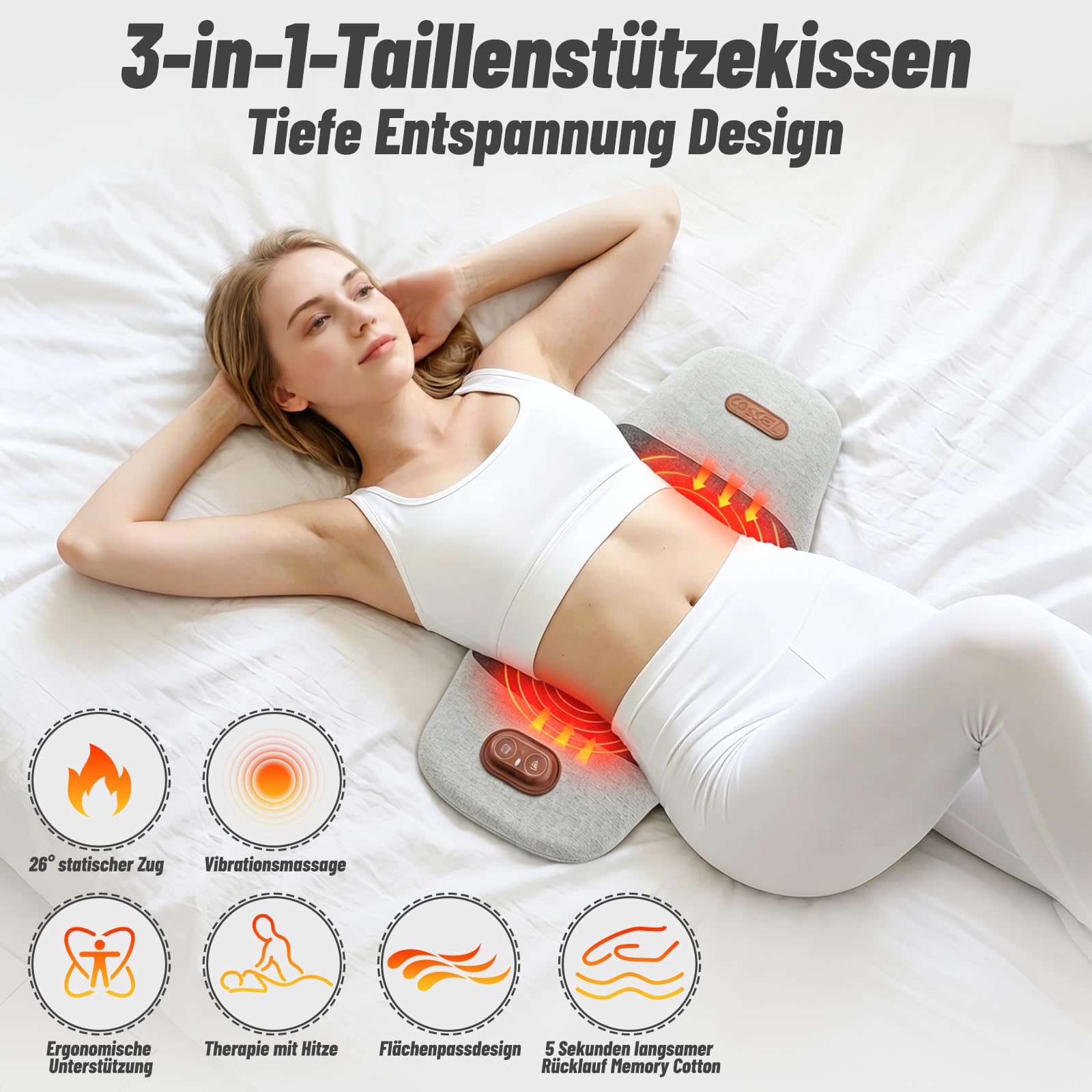 Rückenmassagegerät,Massagekissen Lendenwirbelkissen mit Wärme- und Vibrationsmassage,5-Sekunden-Memory-Schaum,26° Lendenstütze,Ergonomisches Rückenkissen für Bürostuhl, Auto, Bett und Sofa,Spacegrau