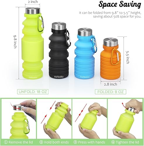 Miniatura 11 de Nefeeko Botella de agua plegable, reutilizable, sin BPA, de silicona, plegable, para viajes, gimnasio, camping, senderismo, botella de agua portátil