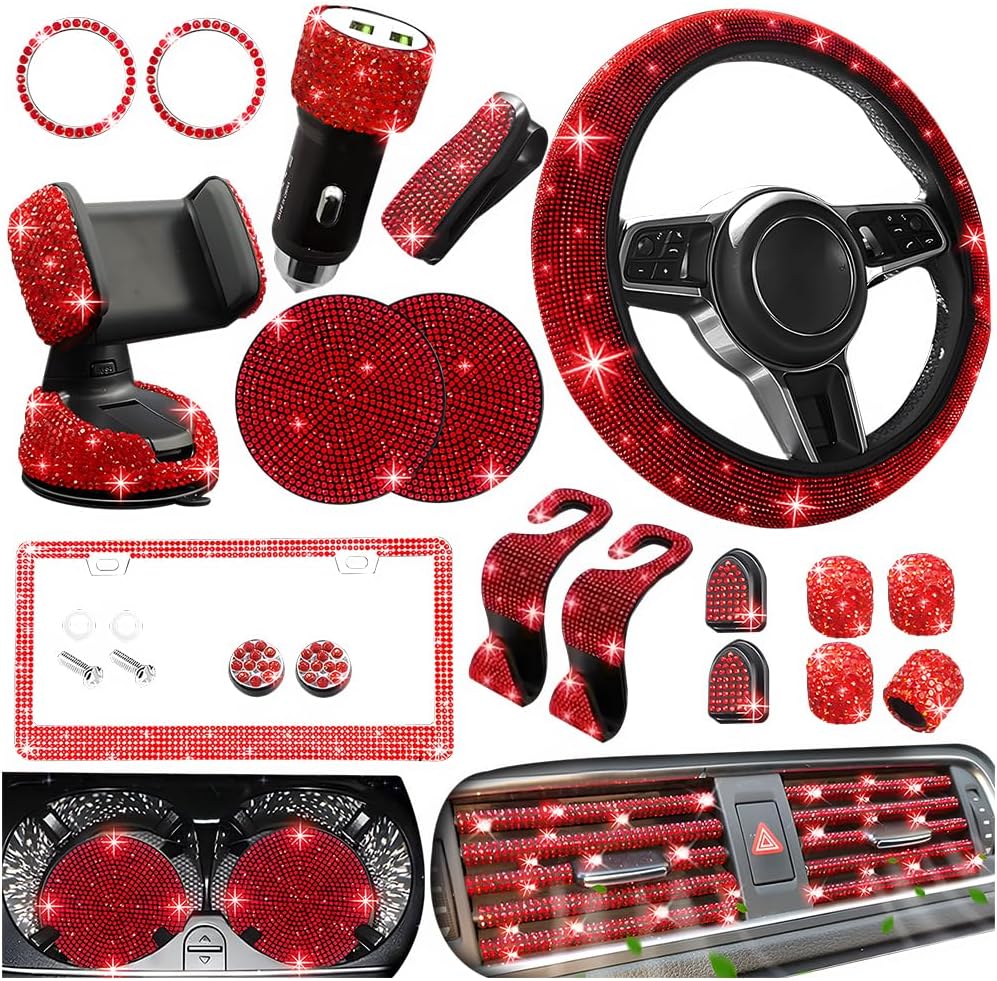27PCS Bling Car Accessories Set for Women, 14.5-15" Crystal Rhinstone Steering Wheel Cover, License Plate Frame, USB Charger Phone Holder, Girly Auto Interior Decor Set, Universal Fit (Red)