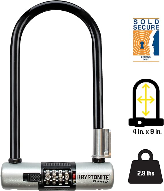 Kryptonite KryptoLok Combo Bike U-Lock, Anti-Theft Security, 12.7mm Steel Shackle, 4-Digit Resettable Combination, U-Shape, Black | bike-locks
