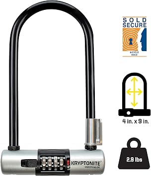 Kryptonite KryptoLok Combo Bike U-Lock, Anti-Theft Security, 12.7mm Steel Shackle, 4-Digit Resettable Combination, U-Shape, Black | bike-locks