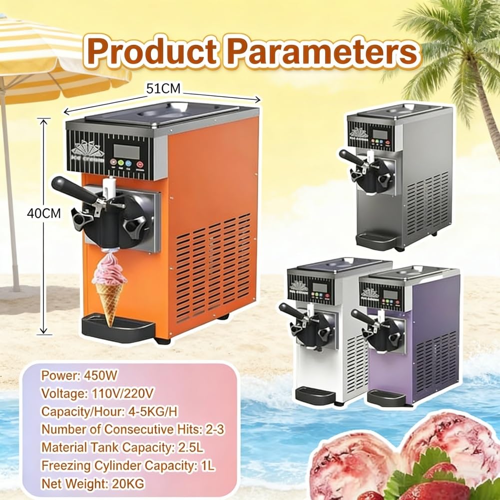 Maszyna do lodów Soft Serve, 450 W z wydajnością 4-5 kg/h, funkcja automatycznego czyszczenia, panel LCD, pojedynczy ekspres do smaku do domu i restauracji
