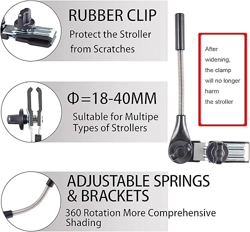 Miniatura 4 de Paraguas para cochecito de bebé con abrazadera universal ajustable, sombrilla a prueba de sol para niños con clip UPF 50+, ideal para cochecitos,