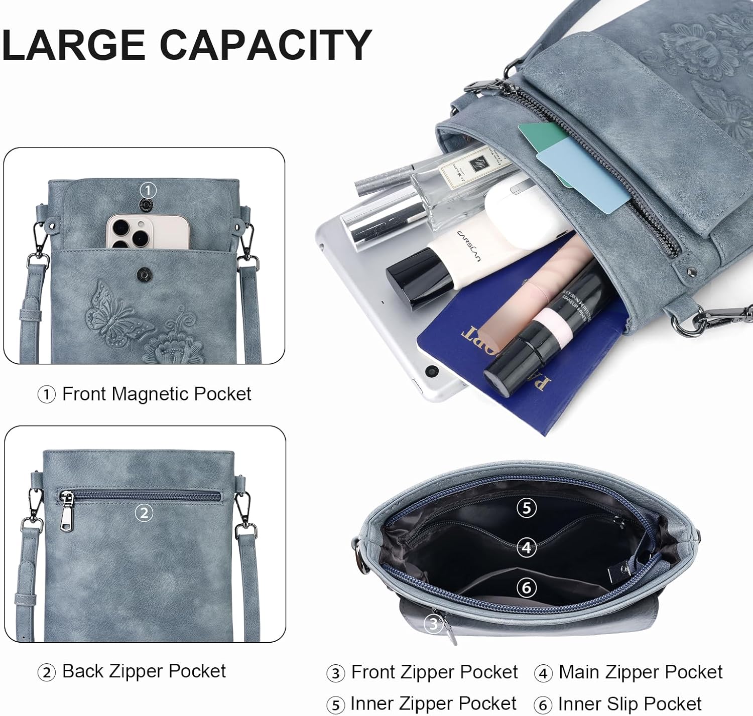 Small Crossbody Purse for Women, Vegan Leather Multi Pocket Bag with Adjustable Strap Embossed Travel Shoulder Bag - Image 4