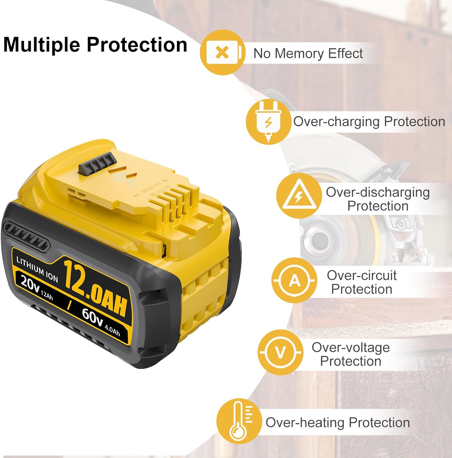 2Packs 12.0Ah Replacement for Dewalt 20V Battery Compatible with Dewalt 20V/60V Battery DCB609 DCB606 DCB612 Series Power Tools Charger (Yellow) - Image 3