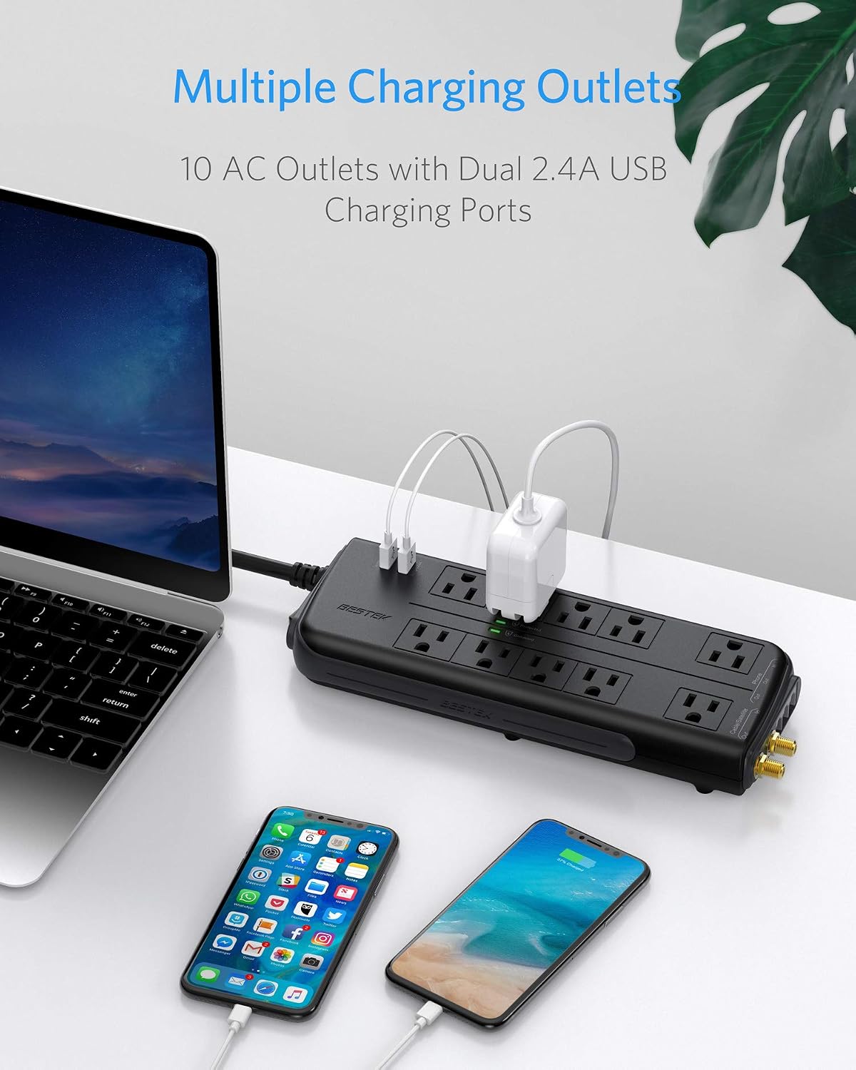 BESTEK 4000 Joules Surge Protector with 2 2.4A USB Ports, Power Strip with 6 Feet Extension Cord 10 AC Outlets 15A, Desktop Charging Station, Large Plug Wide Spaced Outlet for Office, Dorm, Travel