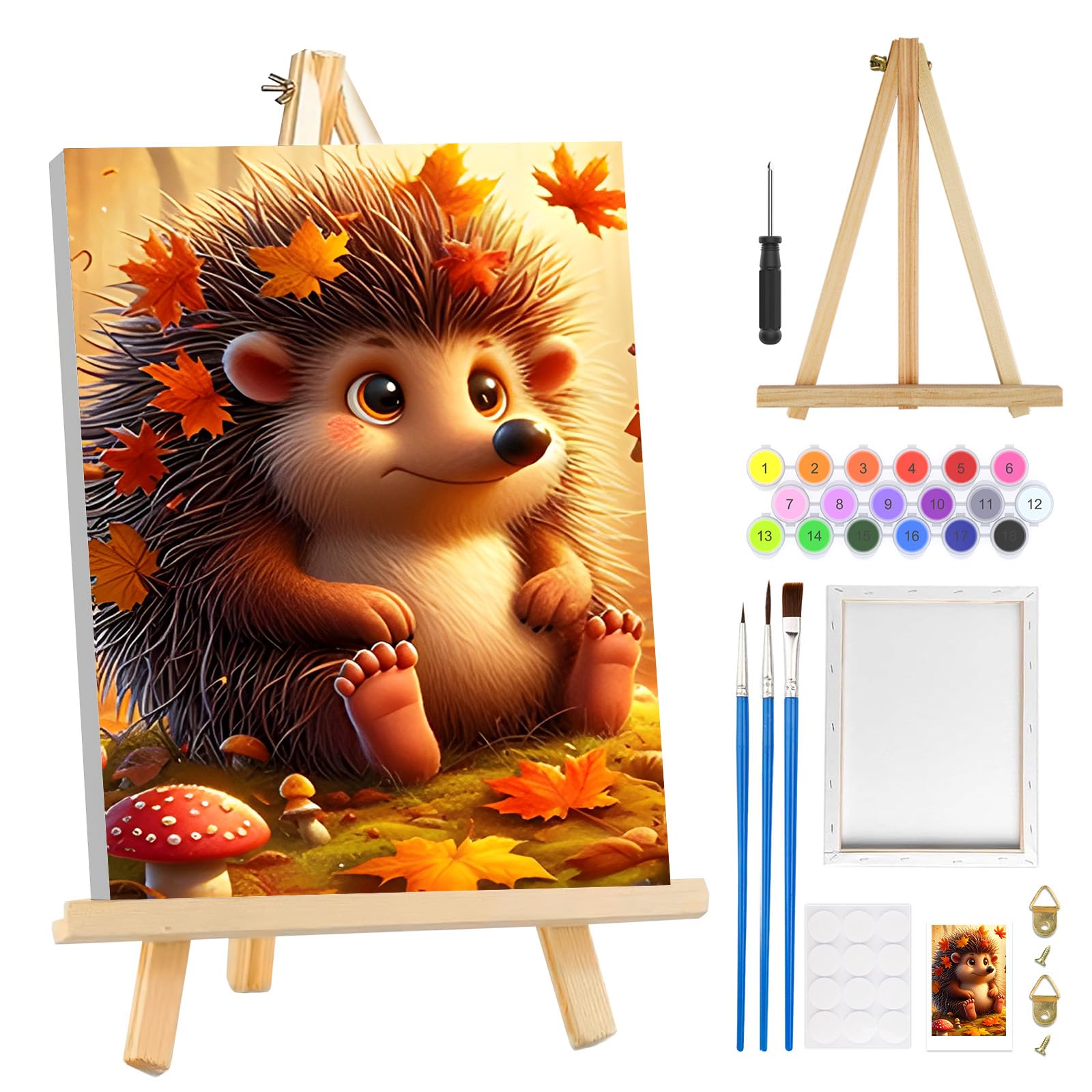 MOGTAA Autumn Paint by Numbers for Adults Beginners with Frame, Hedgehog Painting by Numbers for Adults with Easel, Easy DIY Fall Oil Painting Kits Art Crafts for Home Decor, 8x12in
