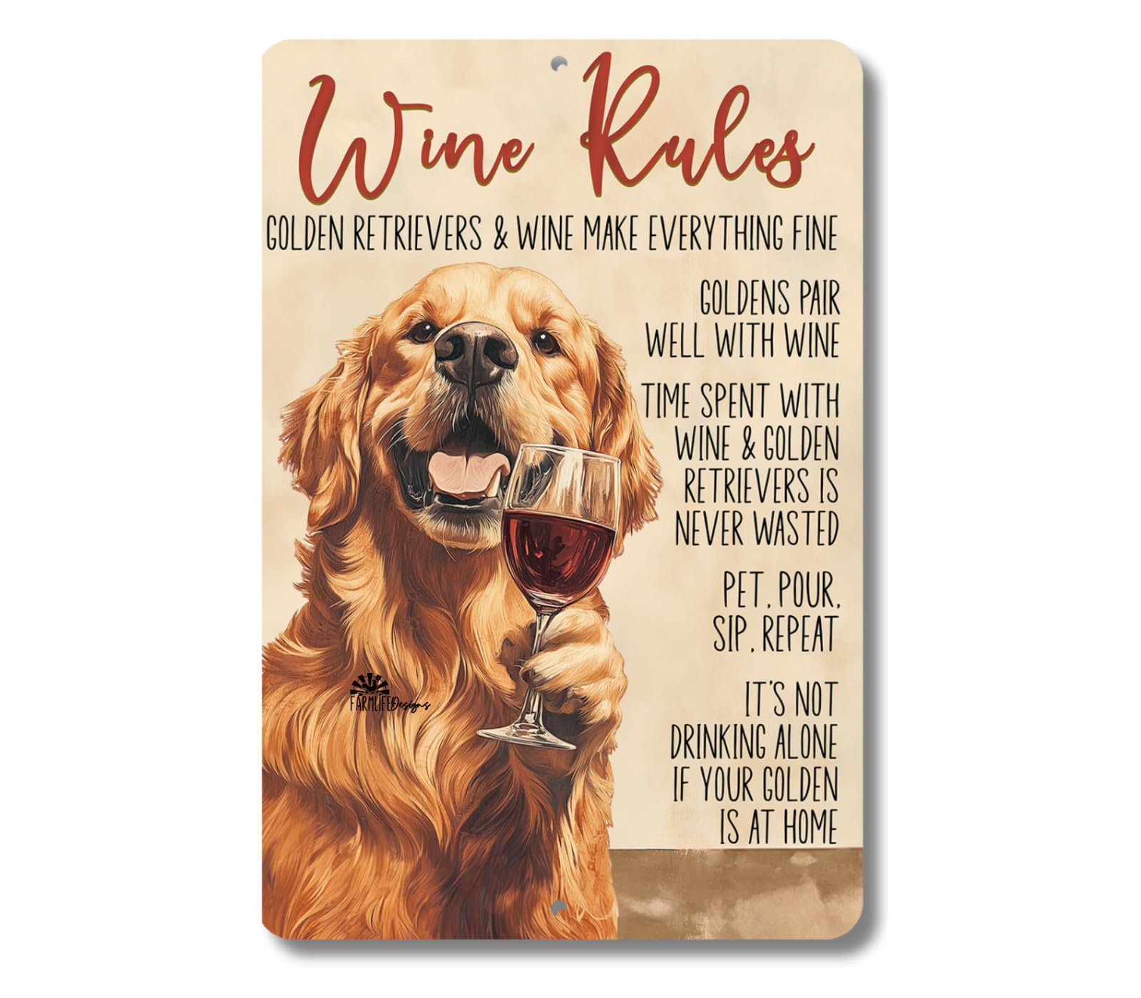 Golden Retriever Wine Rules Sign bar metal tin funny handmade dog decor wall art home decor