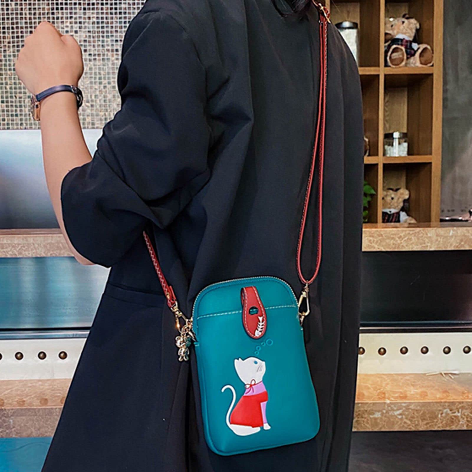 Pequeña bolsa cruzada para teléfono celular para mujer, de piel sintética, con lindo gato, bolso de hombro, billetera de poliuretano, Azul eléctrico 3