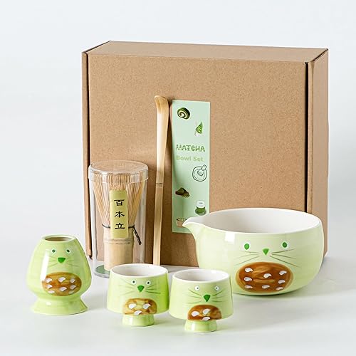 Miniatura 13 de Juego de té Matcha único para gatos, cuenco de matcha con boquilla, 2 tazas, batidor de bambú, soporte y cuchara, juego de 6 piezas de matcha