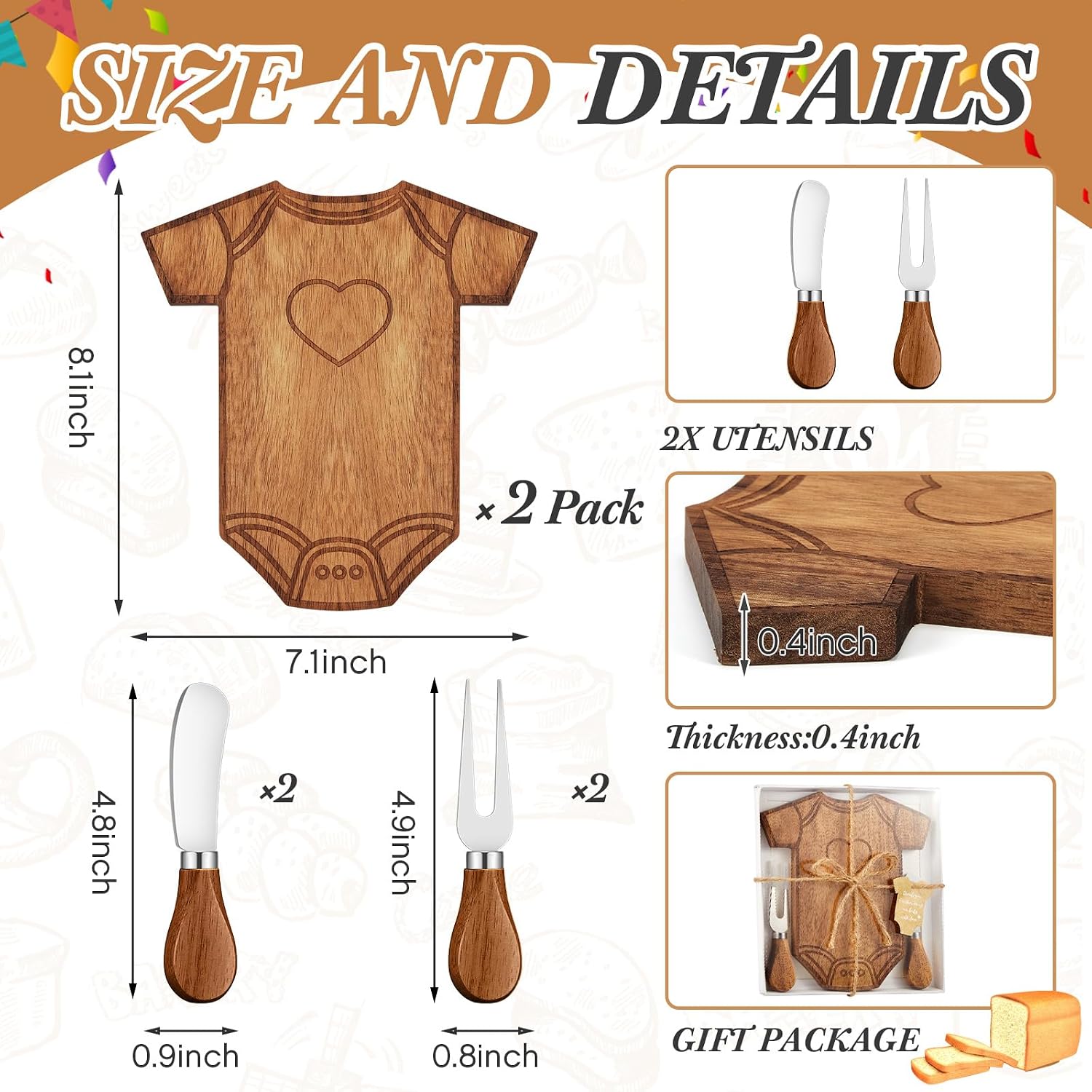 ziliny 2 set baby shower gifts for guests clothing mini charcuterie board with knives forks gift boxes shaped cheese board party favors baby shower game prizes gender reveal favors (acacia) 2 acacia