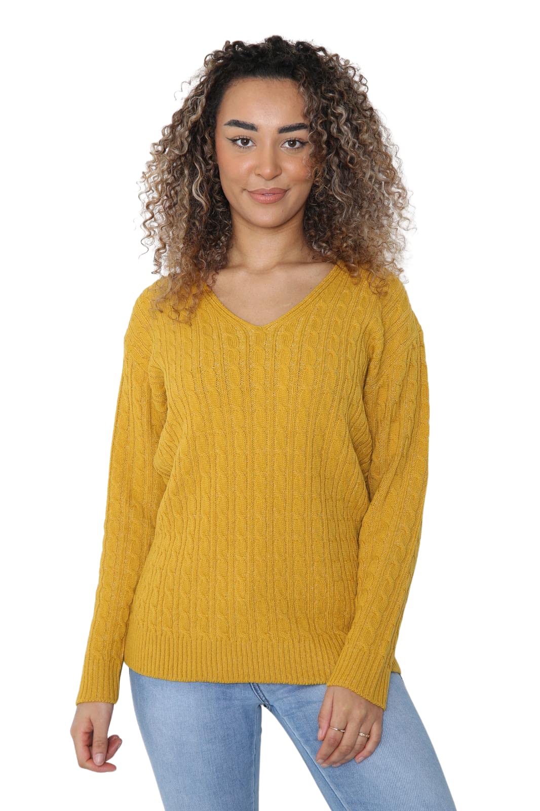 WearAll Women's Plus Cable Knitted Long Sleeve V-Neck Sweater Top Ladies Stretch Jumper - Mustard - 20-22