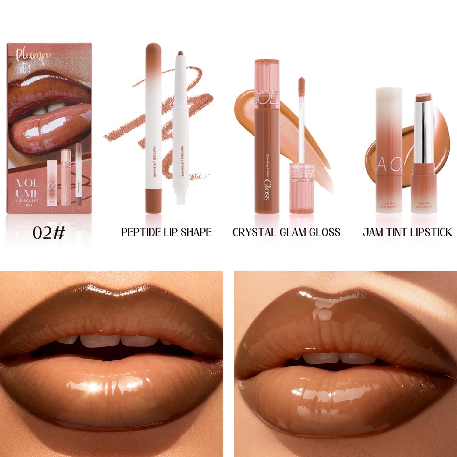 3PCS Lip Combo Set, Matte Lip Liner Pencil & Hydrating Tinted Lip Balm & Juicy Lip Gloss Tint Long-Lasting, Smudge-Proof, High Pigment Nude Brown Lip Makeup Kit (#02) image 2