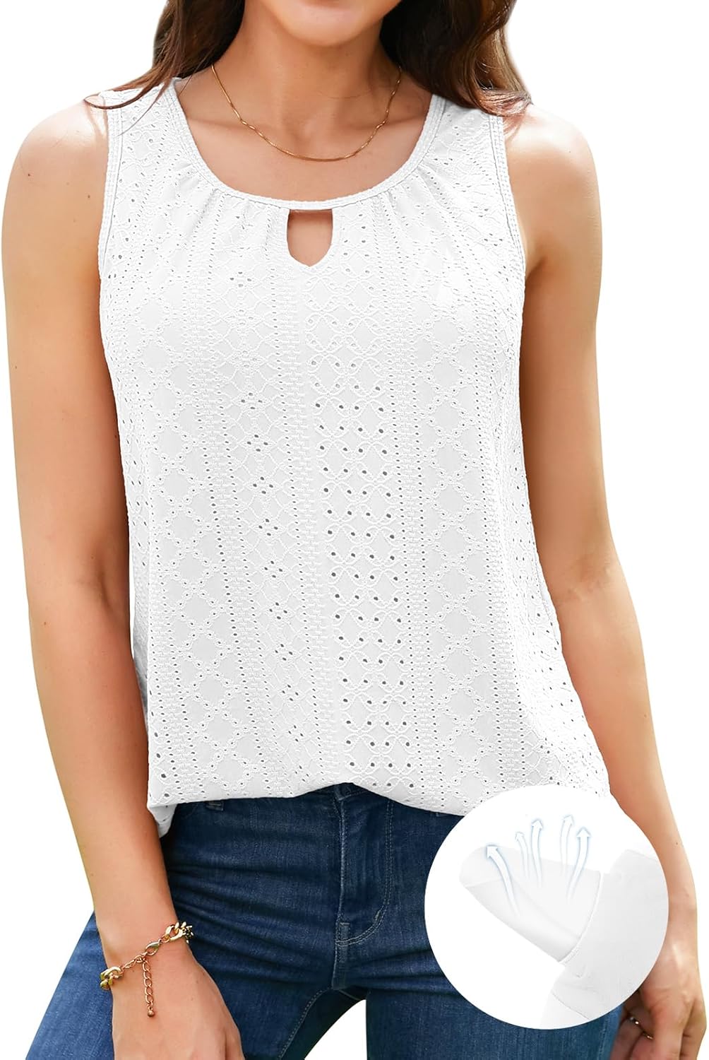 V FOR CITY Women Tank Tops with Built in Bras Flowy Eyelet Embroidery Sleeveless Top Pleated Scoop Neck Work Cami Shirts