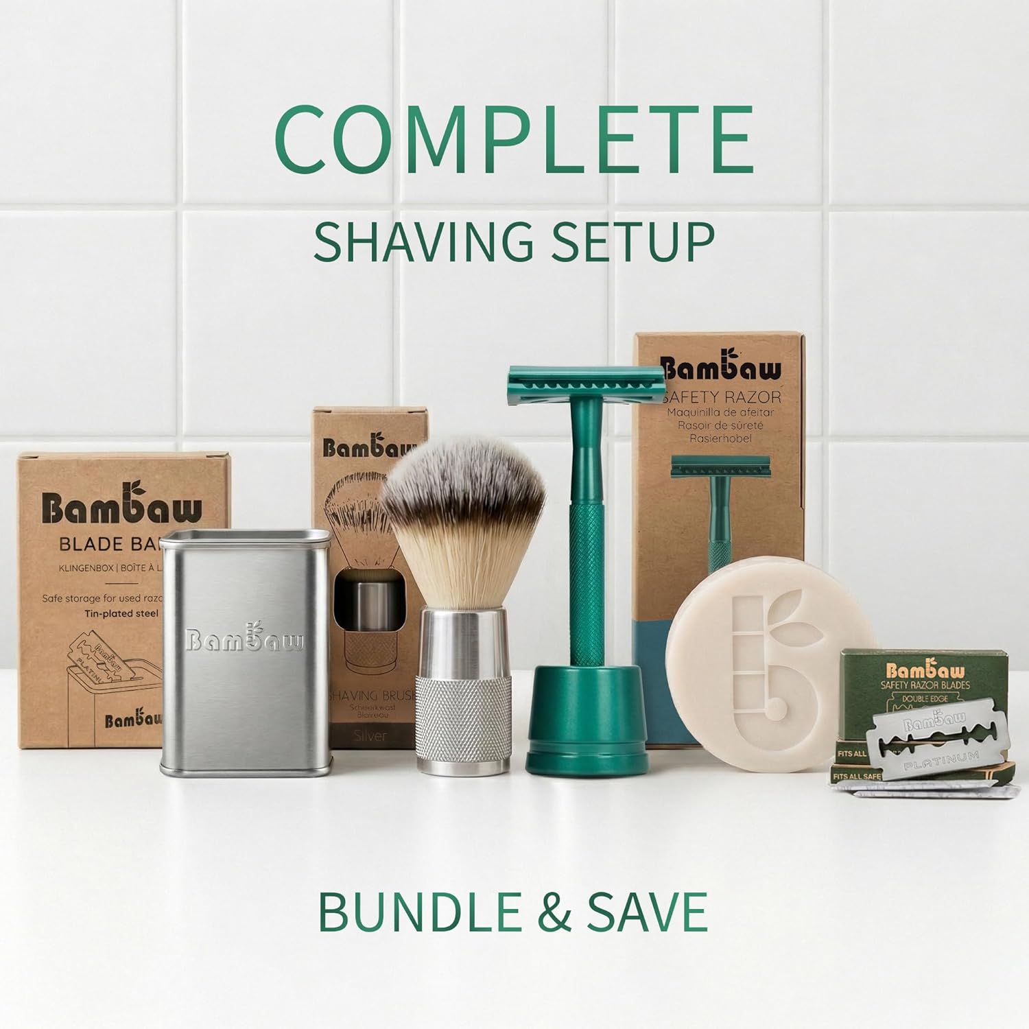 Bambaw Men Safety Razor with 5 Double Edge Safety Razor Blades, Single Blade Razor for Men & Women, Plastic Free Stainless Steel Razor - Sea Green