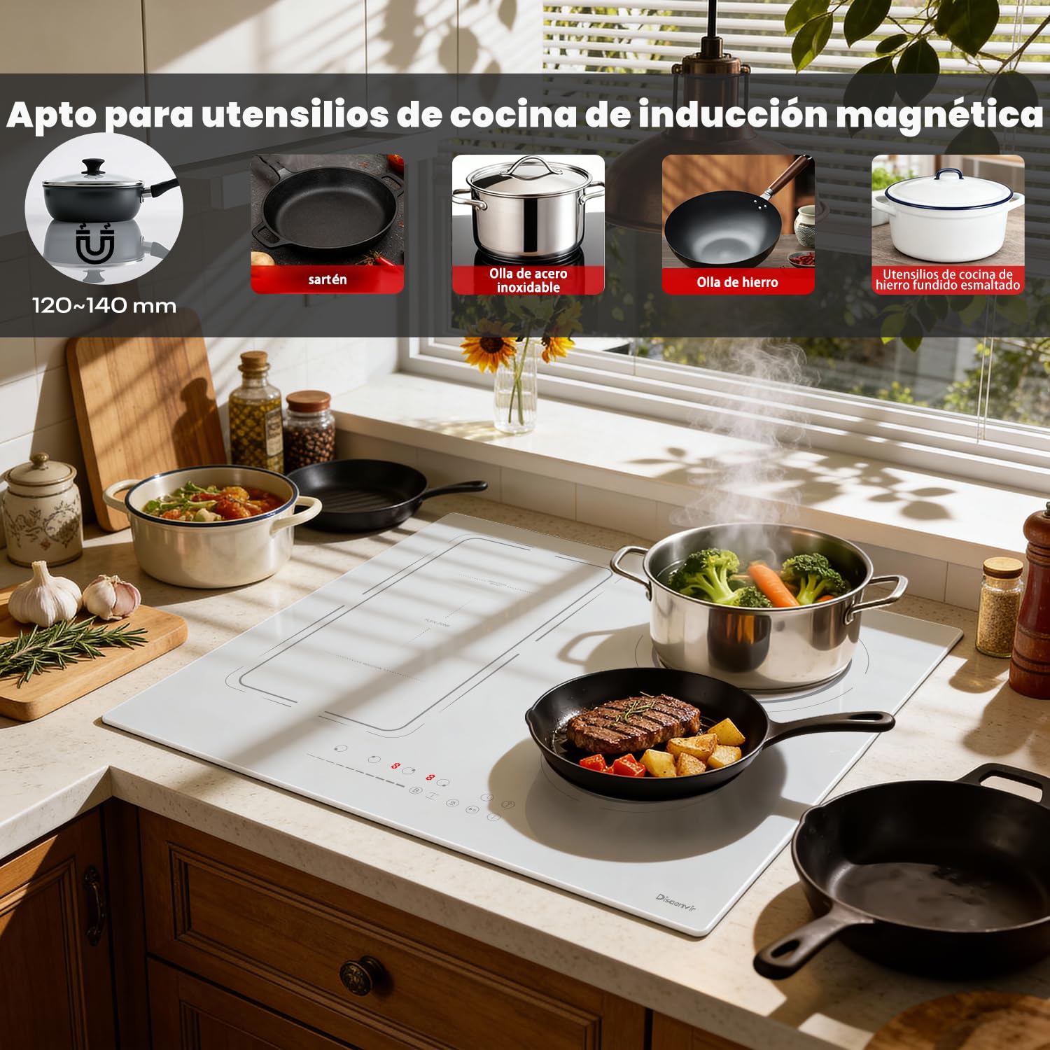 Placa Inducción 4 Fuegos, Vitroceramica Induccion Blanca de 60 cm Empotrable, Flexible, 9 Niveles de Potencia, 3500W, Función de aislamiento Boost, Temporizador, 220-240V | Flexzone, Booster, protección para niños, temporizador, función de pausa, 60 cm, 3