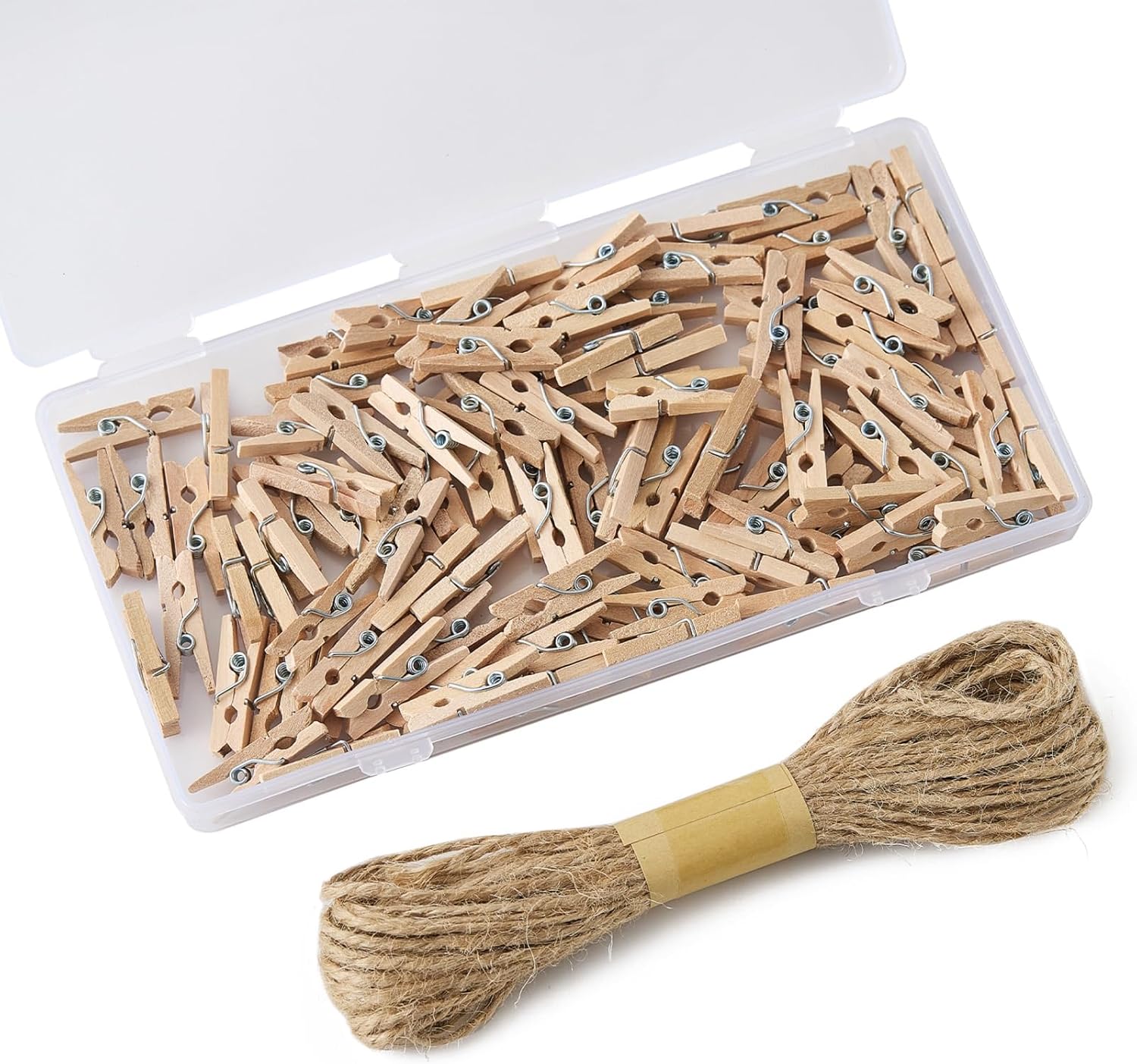 1" Natural Mini Wooden Clothespins 100 Pcs with 33ft Jute Twine Photo Hanging Clips,Cute Clothes Pins with String for Decorative Crafts Arts Baby Shower Christmas