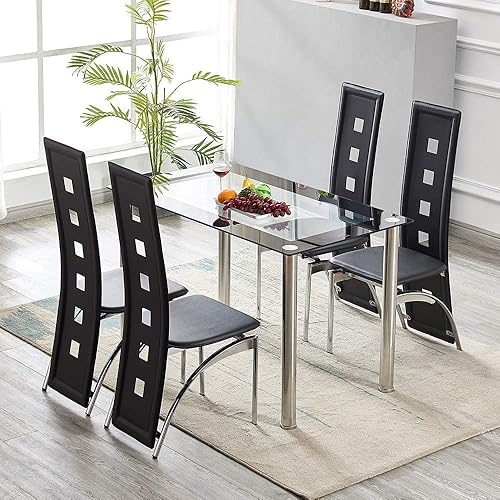 Juego de mesa de comedor de 5 piezas, moderno juego de mesa de comedor negro para 4, mesa de comedor de cocina de vidrio templado con 4 sillas de