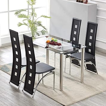 5 Piece Dining Room Table Set, Modern Black Dining Table Set for 4, Kitchen Tempered Glass Table with 4 Faux Leather High Back Chairs, Dining Set of 4 for Kitchen Dining Room Dinette