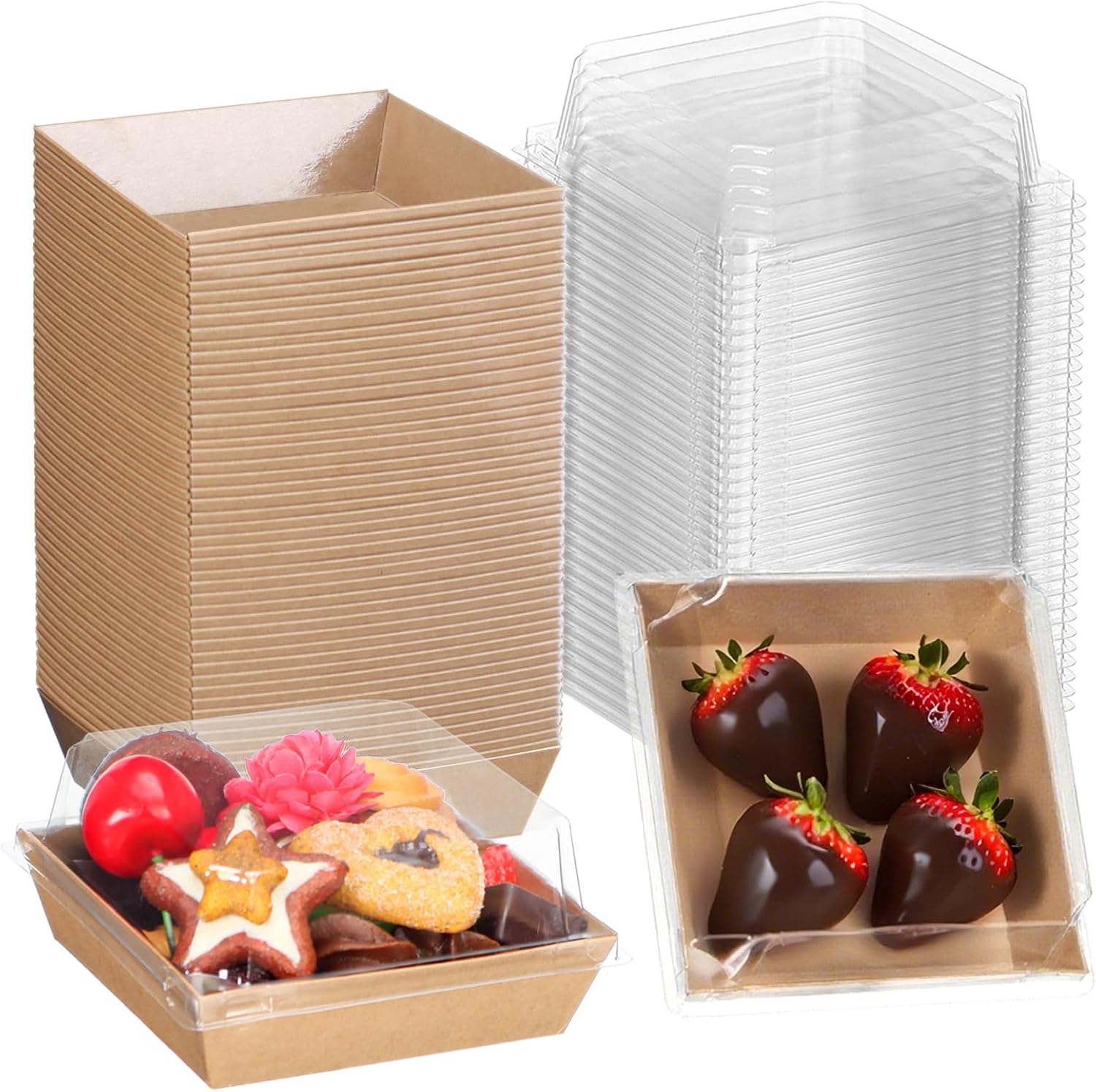100Pack 4x4x2.5 Inches Charcuterie Boxes with Clear Lids - Bakery, Chocolate Covered Strawberries, Cupcake, Pie, Treat, Macaron Boxes for Christmas, Valentine's